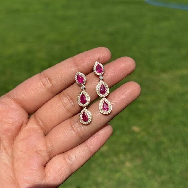 Mid-Century Modern 2.05ct Pear Cut Mozambique Ruby Diamond Triple Drop Earrings in 14k Gold- 2 Pieces For Sale - Image 3 of 13