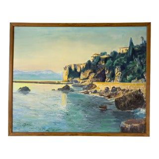 Large French Vintage Mediterranean Coastal Seascape Oil Painting on Canvas, Wood Framed For Sale