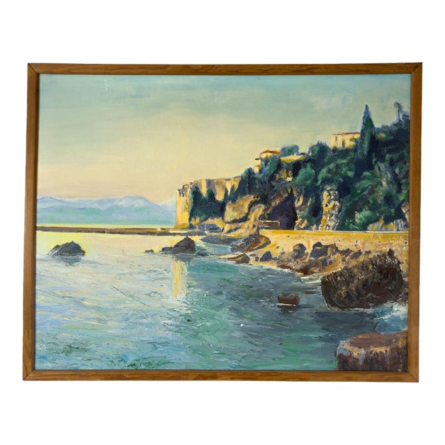 Large French Vintage Mediterranean Coastal Seascape Oil Painting on Canvas, Wood Framed For Sale