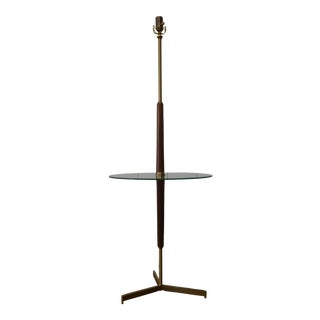 1950s Paul McCobb Style Walnut and Brass Floor Lamp with Glass Table For Sale
