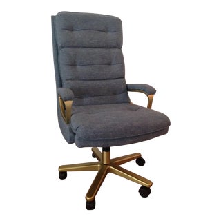 Mid-Century High Back Matte Gold & Blue Grey Tweed Swivel Chair For Sale