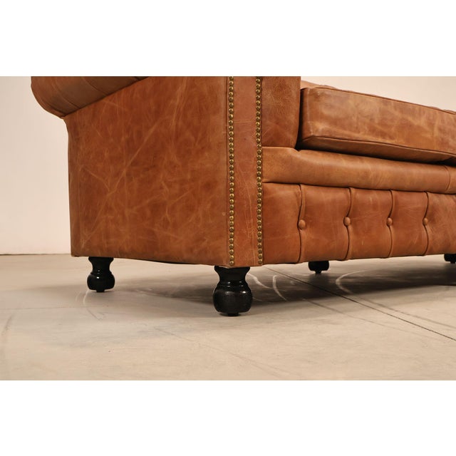 Chesterfield Style 7 Foot Distressed Brown Tufted Leather Sofa For Sale - Image 10 of 17