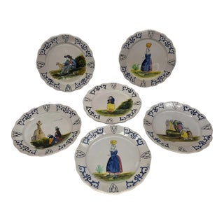 Collection of 6 French Quimper Faience Pottery Figural Shield Armorial Plates For Sale