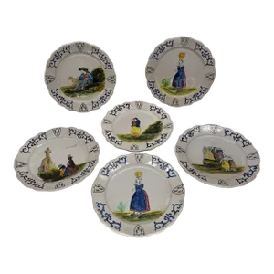 Collection of 6 French Quimper Faience Pottery Figural Shield Armorial Plates