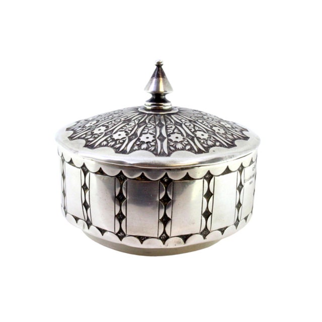 Metal Circular Embossed Silver Box with Knob Lid For Sale - Image 7 of 7