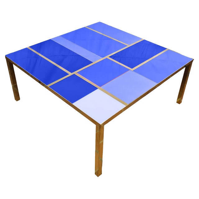 Not Yet Made - Made To Order Square Coffee Table with Blue Mirrored Murano Glass and Brass Trim from Justfurnituress SRL For Sale - Image 5 of 5