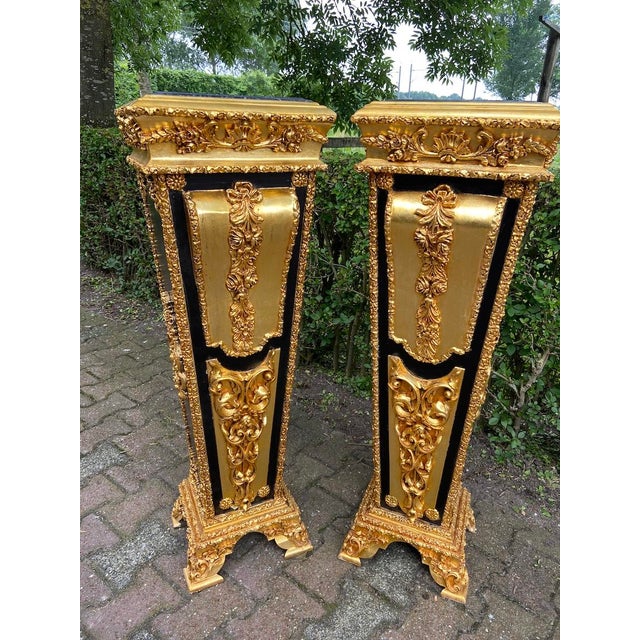 1990 French Louis XVI Gold Black Beech Wood Marble Pedestals Pair For Sale - Image 10 of 12