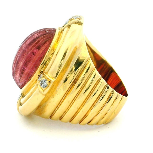 Vintage Italian 18k Gold Carved Rubellite Tourmaline Diamond Bombe Ring, Size 7 For Sale - Image 9 of 10