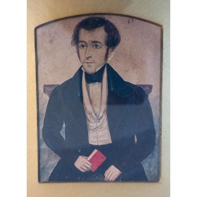 19th Century Folk Art Americana Miniature Double Portrait Water Color Paintings For Sale - Image 9 of 12