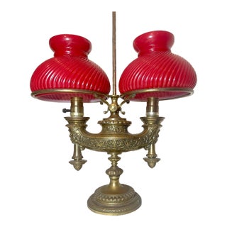 Antique Ornate Solid Bronze Glass Double Harvard Electric Student Desk Lamp For Sale