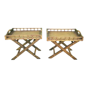 Vintage Bamboo Split Reed Folding Tray Coffee Accent Side Tables- a Pair