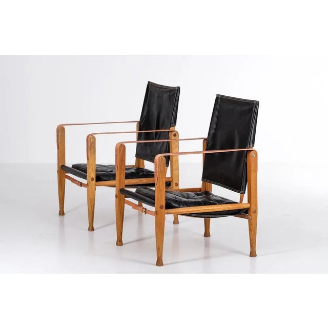 Kaare Klint Set of Black Leather Safari Chairs attributed to Kaare Klint, 1950s For Sale - Image 4 of 12