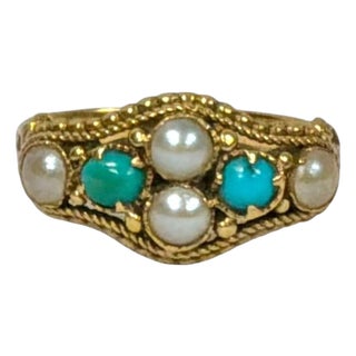 Antique 18k Gold Pearl and Turquoise Ring For Sale