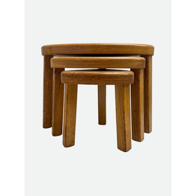 Brown Triangular Oak Nesting Tables by Pierre Chapo, 1970s, Set of 3 For Sale - Image 8 of 10