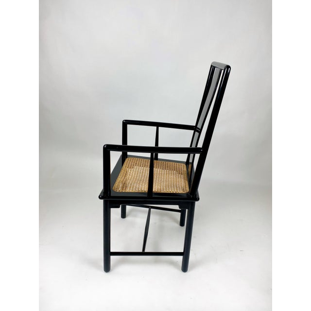 Vintage 80s Black Lacquer Cane Rattan Chinoiserie Side Armchair Made in