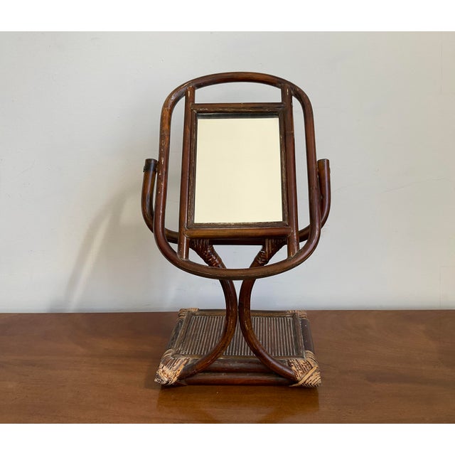 Mid-Century Modern Vintage Italian Style Rattan & Bentwood Bamboo Vanity Tabletop Mirror For Sale - Image 3 of 18