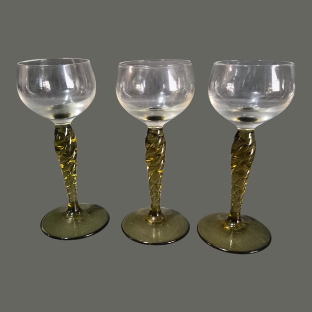 Mid 20th Century Vintage Four Venetian Hand Blown Twisted Olive Green Glass Stem Liquor Glasses For Sale - Image 5 of 9