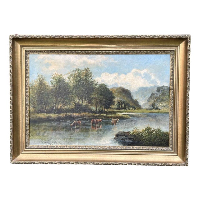 William Langley, Cattle Scene, 19th Century, Oil on Canvas, Framed For Sale