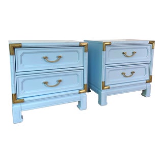 Pair Lacquered Faux Bamboo Ming Style Campaign End Tables Nightstands For Sale