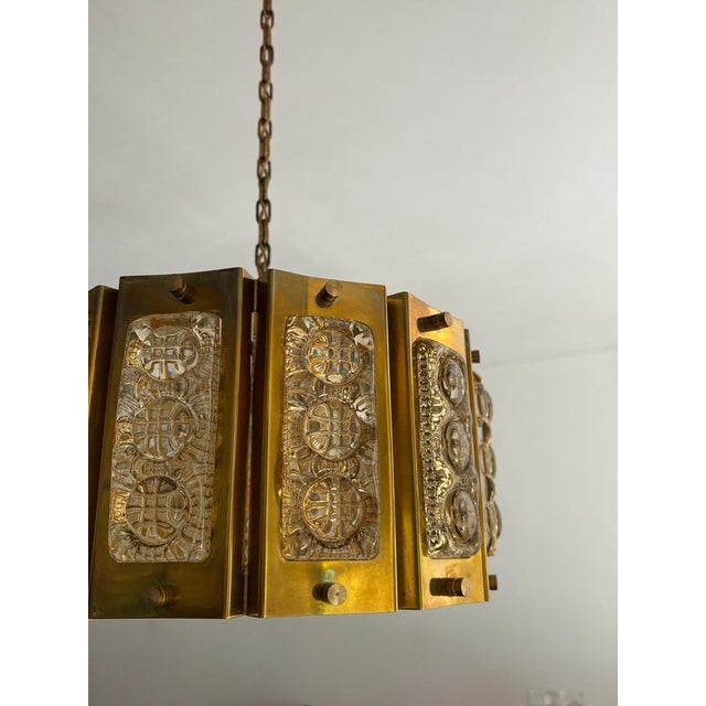 Brass Pendant Lamp with Crystal Elements attributed to Carl Fagerlund for Orrefors, Sweden, 1960s. For Sale - Image 9 of 16