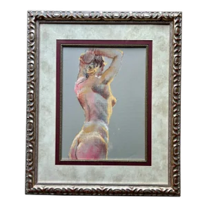 Original Impressionist Pastel Drawing of Nude Woman in Silver Leaf Wood Frame