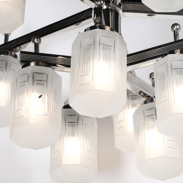 Art Deco Style 10 Arm Frosted & Etched Glass Chandelier W/ Polished Nickel Frame For Sale - Image 18 of 18