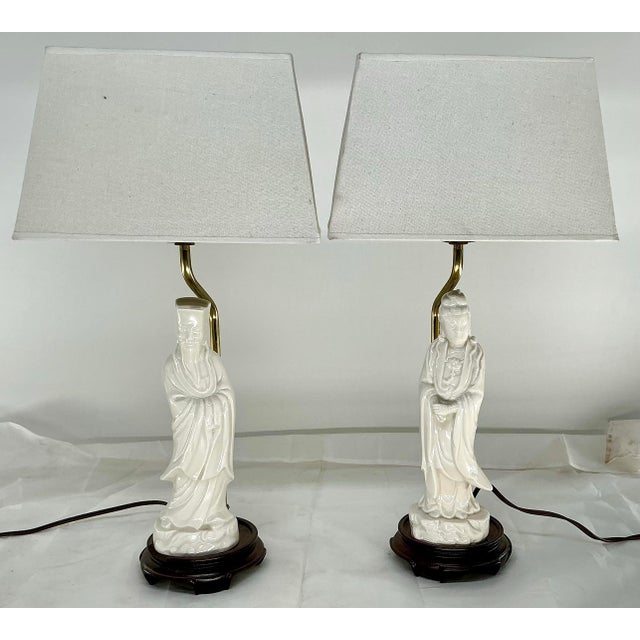 Pair of Asian Style Vintage Blank De Chine Porcelain Figural Lamps For Sale - Image 4 of 12