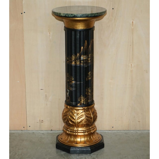 This is a stunning pair of early 20th century circa 1920’s Neoclassical style Chinese Chinoiserie lacquered torchere...