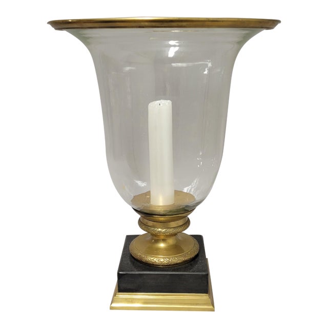 Tall Glass Hurricane Candle Lamp With Marble and Brass Base For Sale