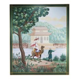 Large Vintage Chinoiserie Decorative Painting With Camel Rider and Pagoda Scene For Sale