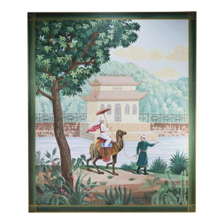 Large Vintage Chinoiserie Decorative Painting With Camel Rider and Pagoda Scene For Sale