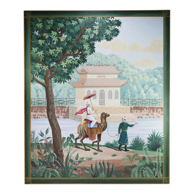 Large Vintage Chinoiserie Decorative Painting With Camel Rider and Pagoda Scene For Sale