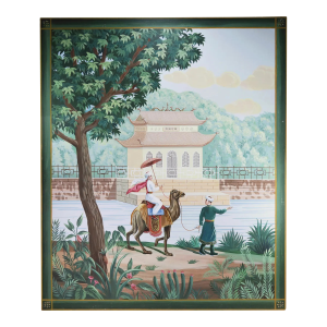 Large Vintage Chinoiserie Decorative Painting With Camel Rider and Pagoda Scene