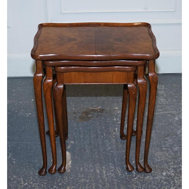 Art Deco Burr Walnut Nest of Three Table with Queen Anne Legs, Set of 3 For Sale - Image 3 of 11