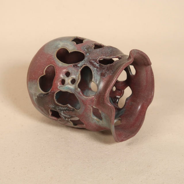 Vintage Sculptural Studio Pottery Pierced Ceramic Vessel Candle Holder With Organic Drip Glaze For Sale - Image 10 of 18