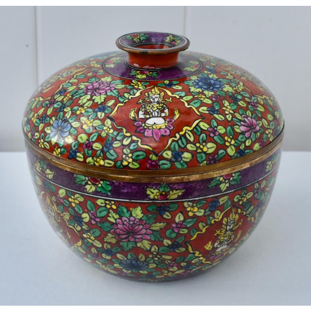 Traditional Vtg. Thai Benjarong Covered Ginger Jar W/Brass Rim For Sale - Image 3 of 18