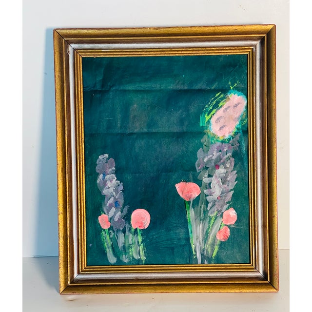 Original abstract floral mixed media on paper by Elia in gold tone antique frame.