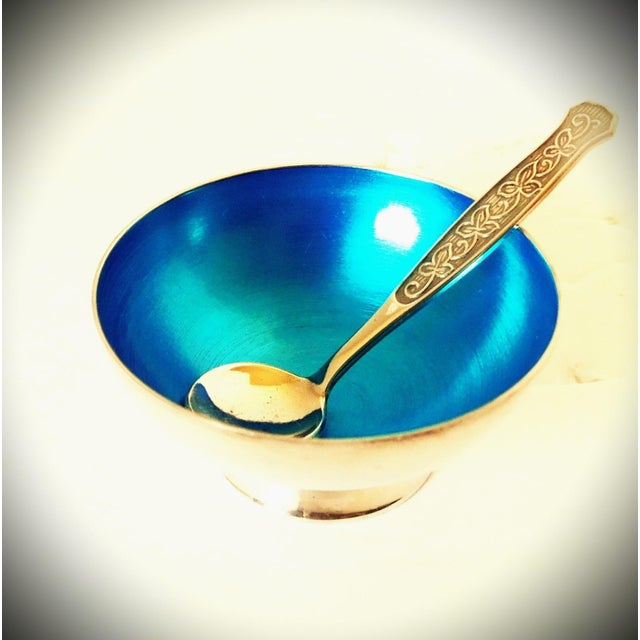 Meka Denmark Vintage Sterling and Blue Enamel Salt Cellar & Sterling Spoon For Sale - Image 9 of 9