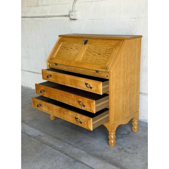 Oak Secretary Bureau With Drop-Front Desk and 9 Drawers Denmark Mid-Century Modern 1970s For Sale In Los Angeles - Image 6 of 11