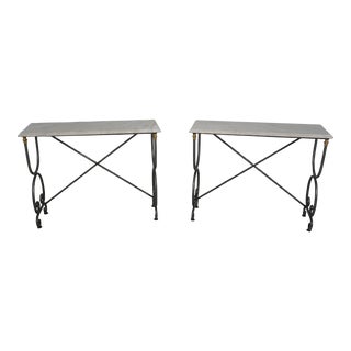 Pair Charleston Forge Wrought Iron Marble Top Console Tables For Sale