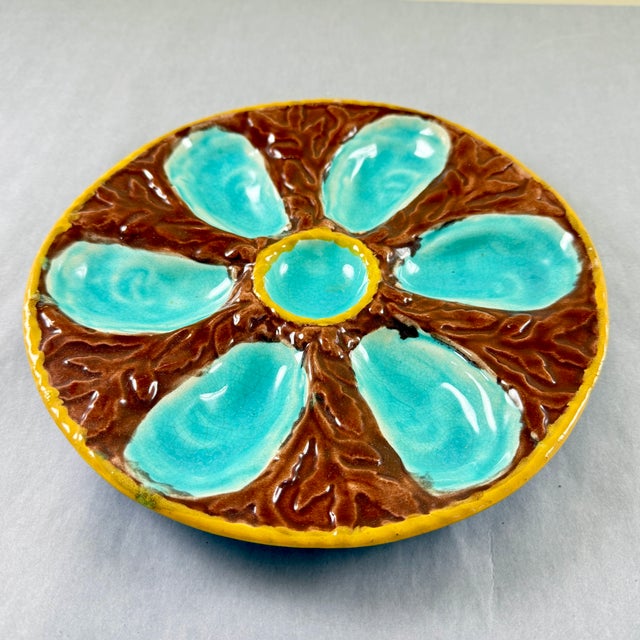 Late 19th Century Antique S. Fielding Majolica Oyster Plate, Turquoise & Brown, 1878 For Sale - Image 5 of 10