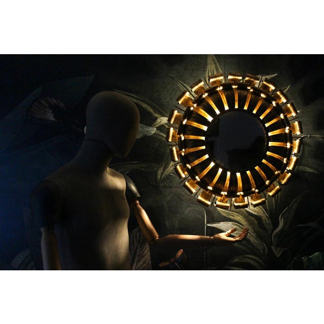 1950s Large Sunburst Gilt Wrought Iron Wall Lamp with Mirror, Spain, 1950s For Sale - Image 5 of 18
