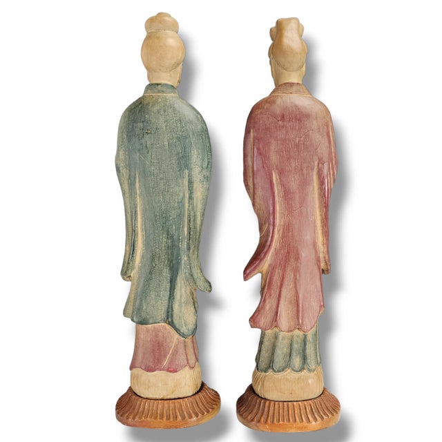 Pair of Mid-Century Chinese Hand-Carved Wooden Guanyin Figures – Painted Polychrome Finish, 23″ For Sale - Image 4 of 13