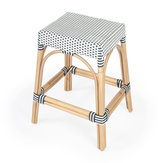 Robias 24.5 in. Seat Height Rectangular Rattan Backless Counter Stool with Footrest, White/Navy Dot / Natural Rattan Frame For Sale - Image 9 of 9