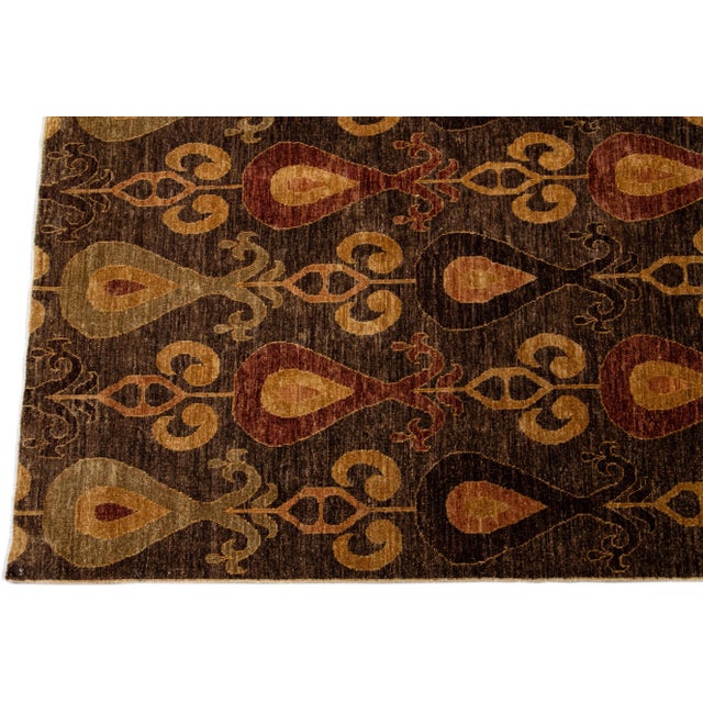 Brown Modern Ikat Handmade Geometric Pattern Designed Wool Rug For Sale - Image 4 of 8