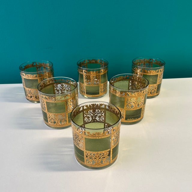 Mid-Century Modern 1960s Culver LTD Green and Applied Gold Lowball Cocktail Rocks Glasses - Set of 6 Signed For Sale - Image 3 of 7