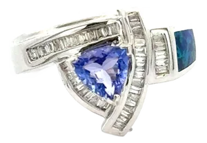 Vintage Tanzanite Inlaid Opal and Diamond Cluster Ring in 14k White Gold