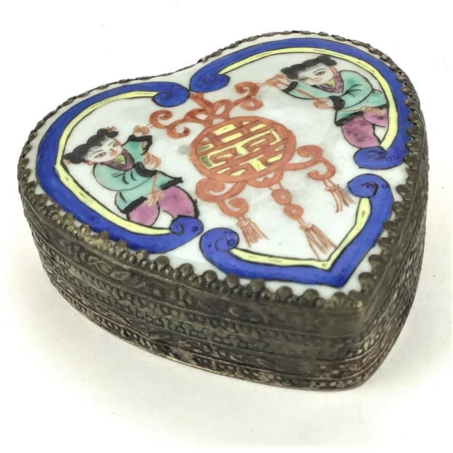 Silver Covered Porcelain Hand Painted Heart Trinket Box For Sale - Image 9 of 9