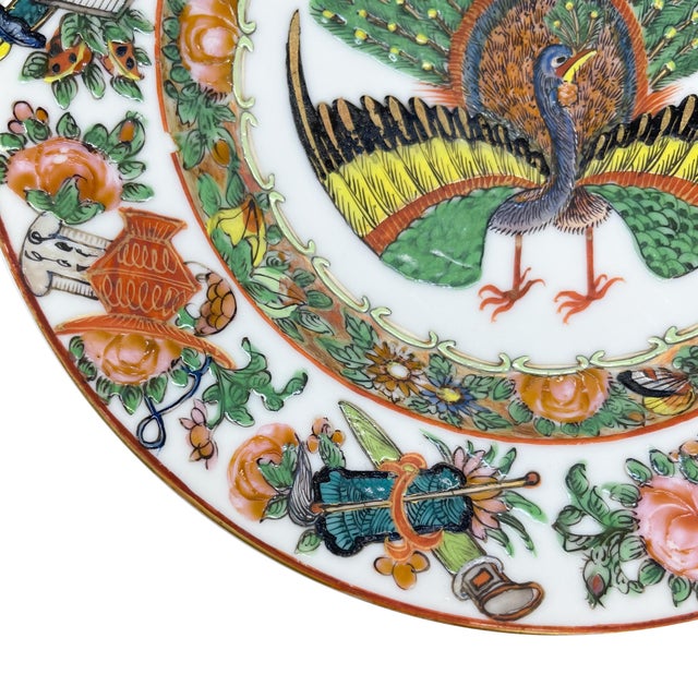 Mid 19th Century Chinese Export Canton Famille Rose Plate With Rare Central Peacock, Ca. 1865 For Sale - Image 5 of 10