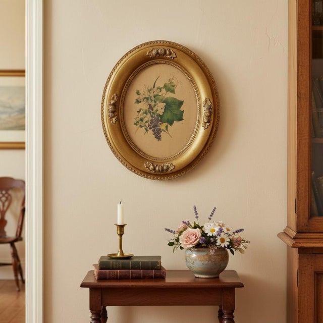 Victorian Antique Victorian Botanical Lithograph-Grapes-Oval-Gilt Gesso Wood Frame-Art For Sale - Image 3 of 11
